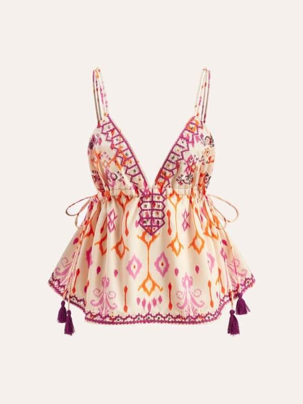 Lekki damski top boho na ramiączkach z haftem i frędzlami