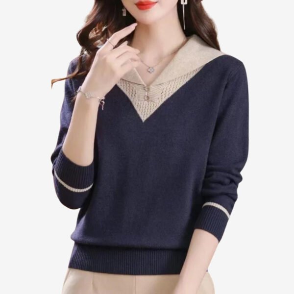 Dzianinowy sweter damski slim fit z patchworkowym wzorem i dekoltem V