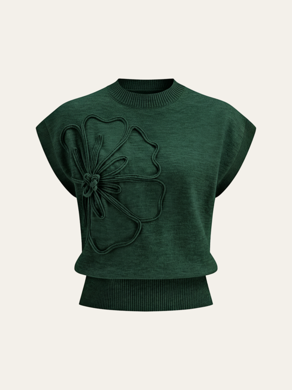 Dzianinowy top damski z kwiatowymi aplikacjami i rękawami cap sleeve
