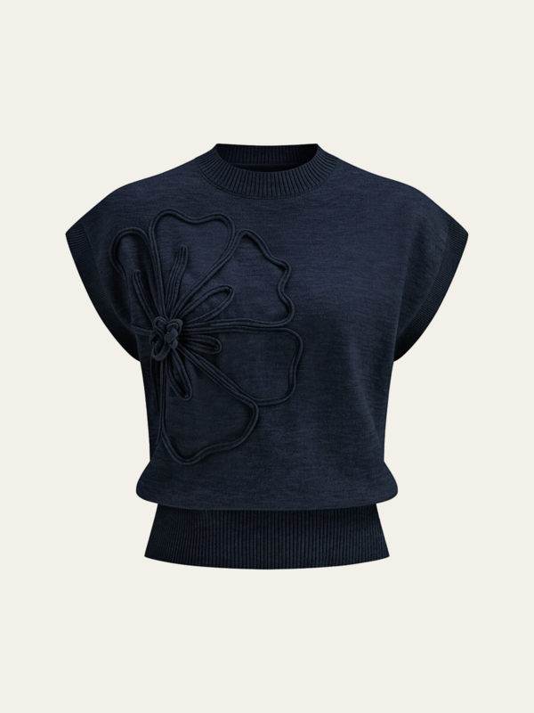 Dzianinowy top damski z kwiatowymi aplikacjami i rękawami cap sleeve