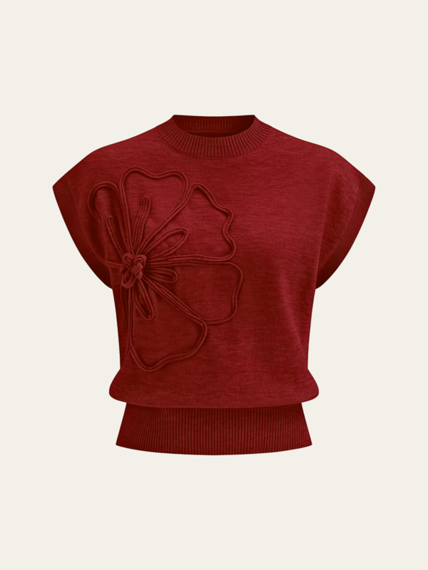 Dzianinowy top damski z kwiatowymi aplikacjami i rękawami cap sleeve