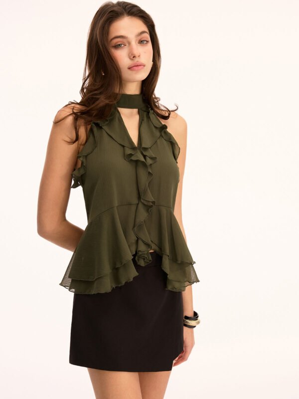 Szyfonowy top damski halter z falbaną i wykończeniem peplum