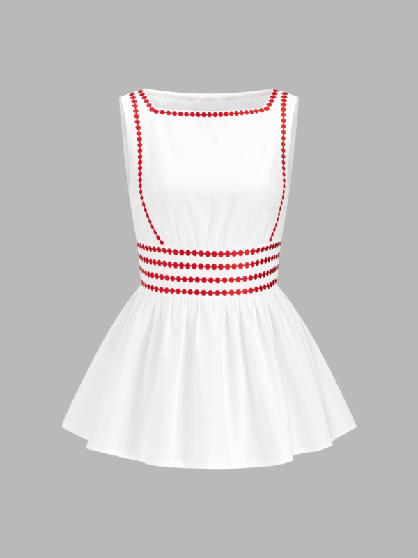 Damski top bez rękawów z haftem i falbaną peplum