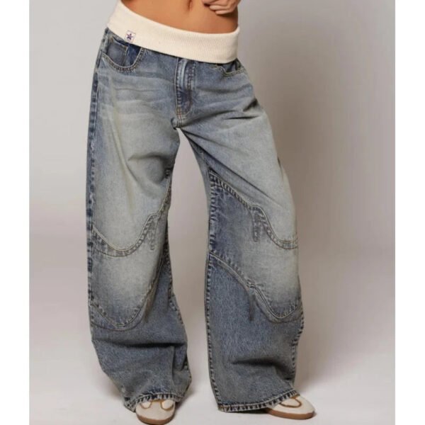 Jasnoniebieskie jeansy damskie baggy wide leg z prążkowanym pasem