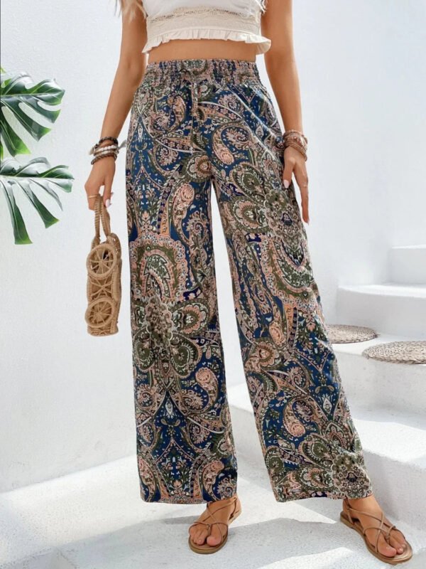 Damskie spodnie boho z szerokimi nogawkami i wzorem paisley