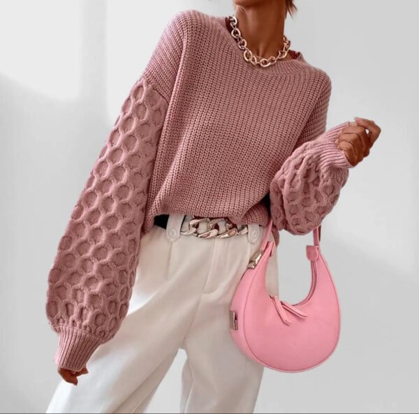 Damski dzianinowy sweter z wzorem plastra miodu na rękawach